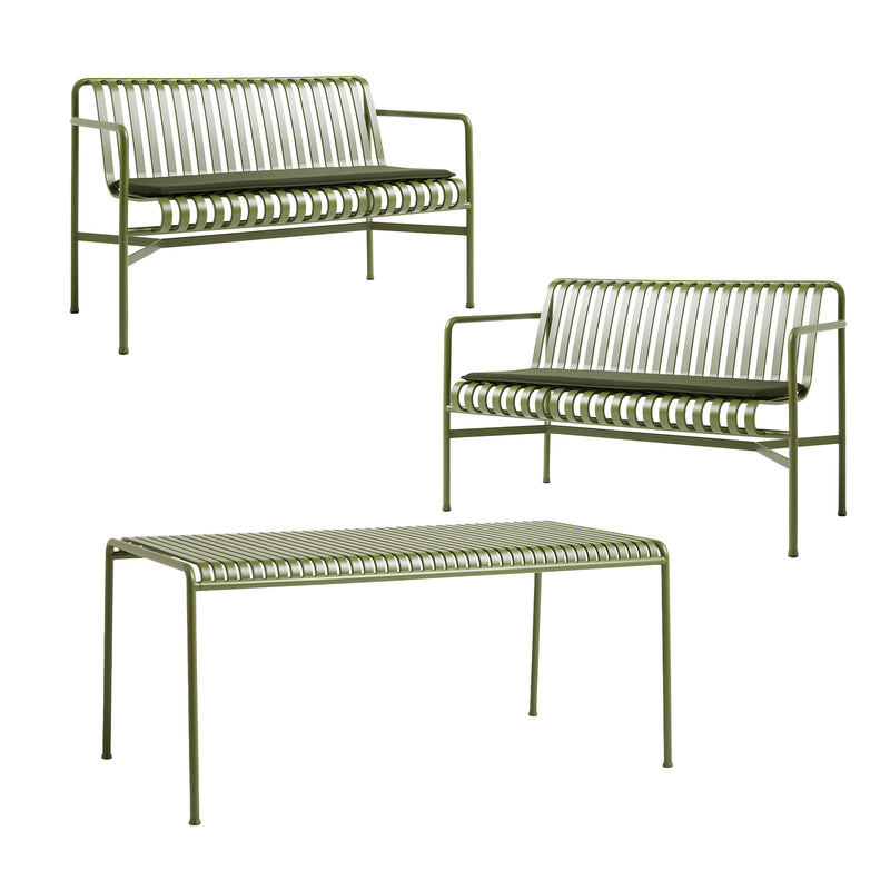 HAY - Palissade Tisch + 2x Dining Bench mit Sitzkissen | olive