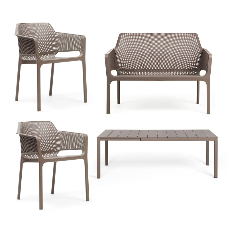 Nardi - Rio Alu Ausziehtisch 140 + Net Bank + 2x Net Armlehnstuhl | tortora