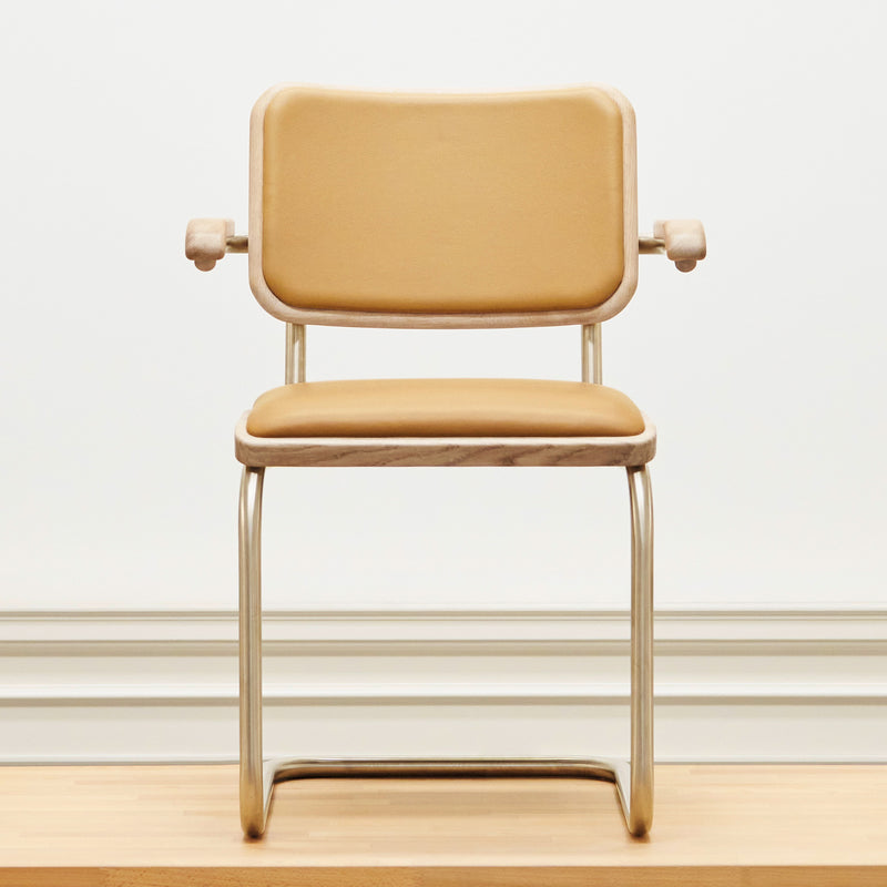 Thonet - JS. THONET by Jil Sander S 64 Freischwinger | Leder light caramel / Eiche weiß pegmentiert / Nickelsilver