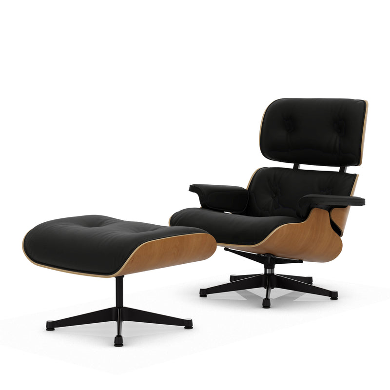 Vitra - Lounge Chair & Ottoman | Leder Premium F 66 nero / Kirsche natur / poliert / Seiten schwarz