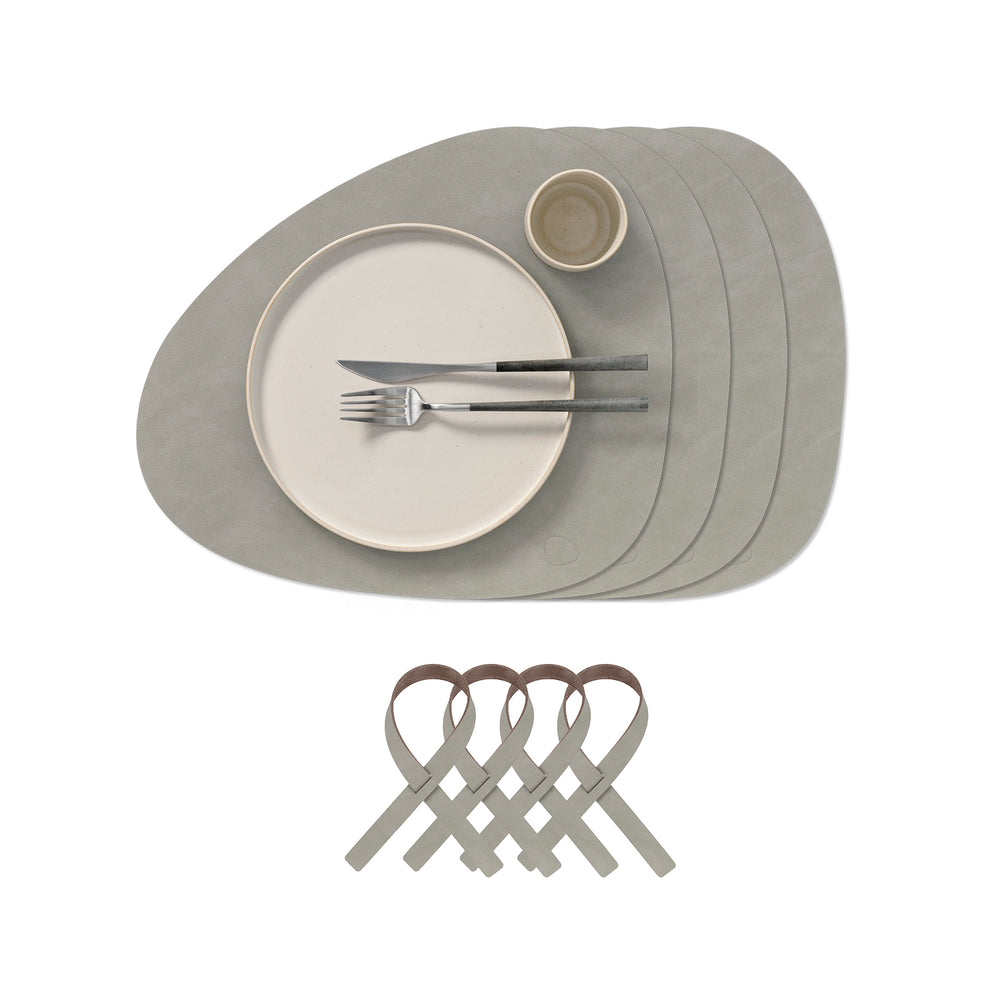 Lind DNA - Tischset Curve Geschenkset | 4 Tischsets + 4 Serviettenringe / Nupo hellgrau