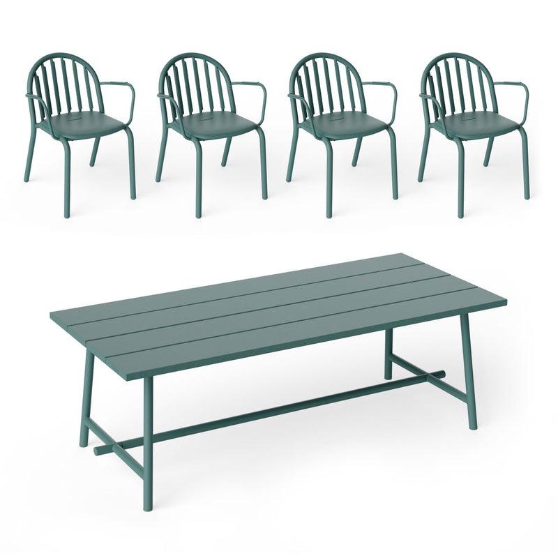 Fatboy - Fred's Outdoor Tisch 220 x 100 cm + Armlehnstuhl (4er Set) | salbeigrün dunkel
