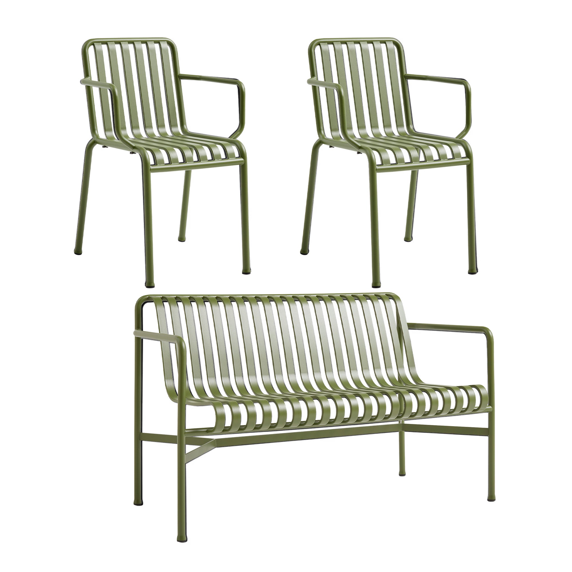 HAY - Palissade Dining Bench + 2x Armlehnenstuhl | olive