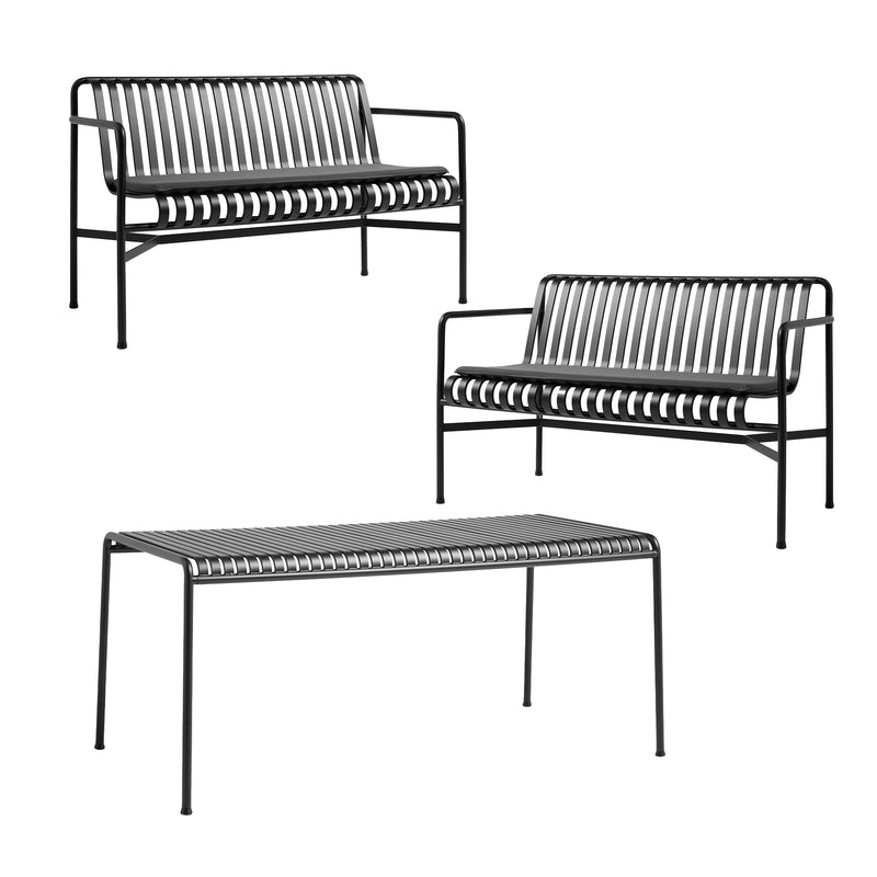 HAY - Palissade Tisch + 2x Dining Bench mit Sitzkissen | anthrazit
