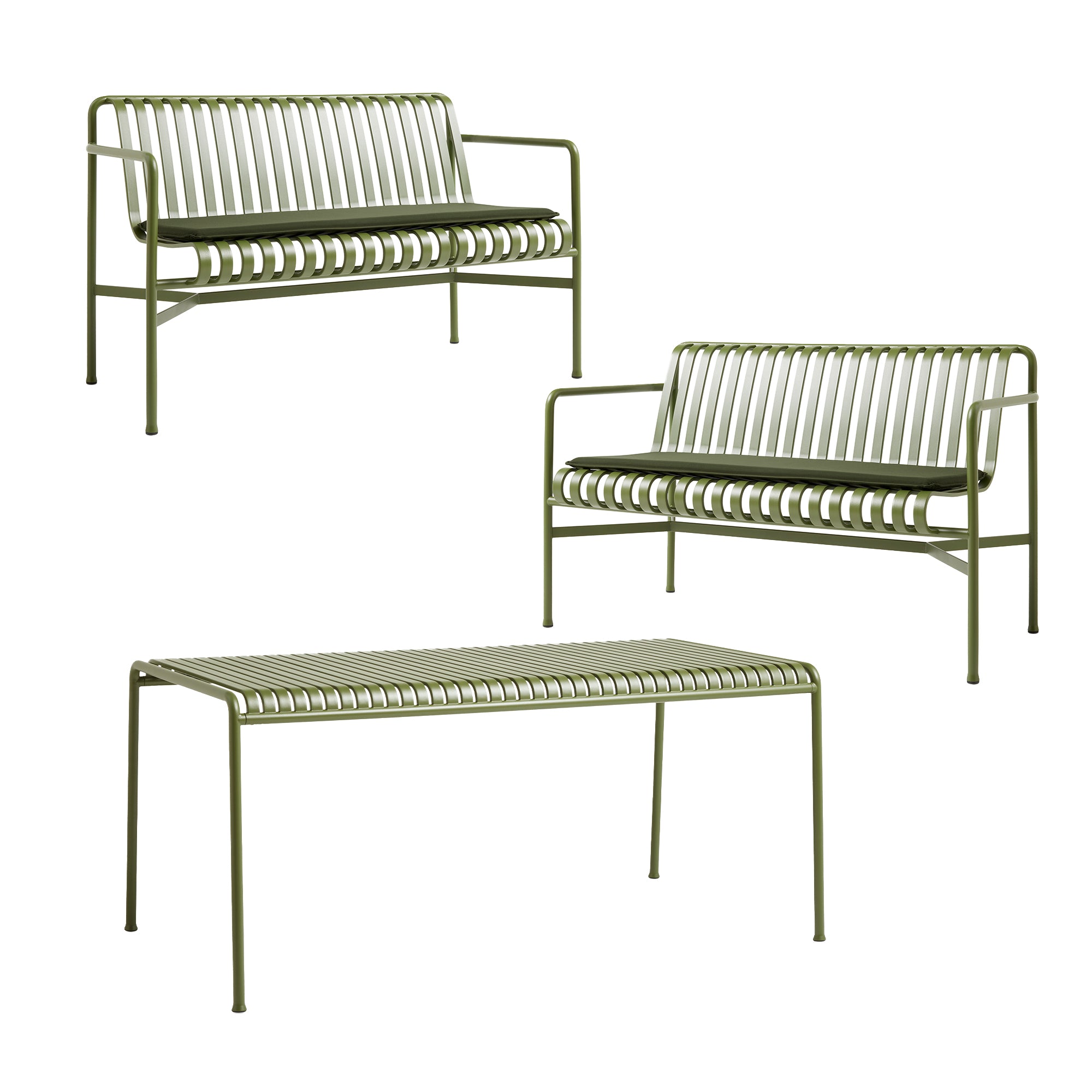 HAY - Palissade Tisch + 2x Dining Bench mit Sitzkissen | olive