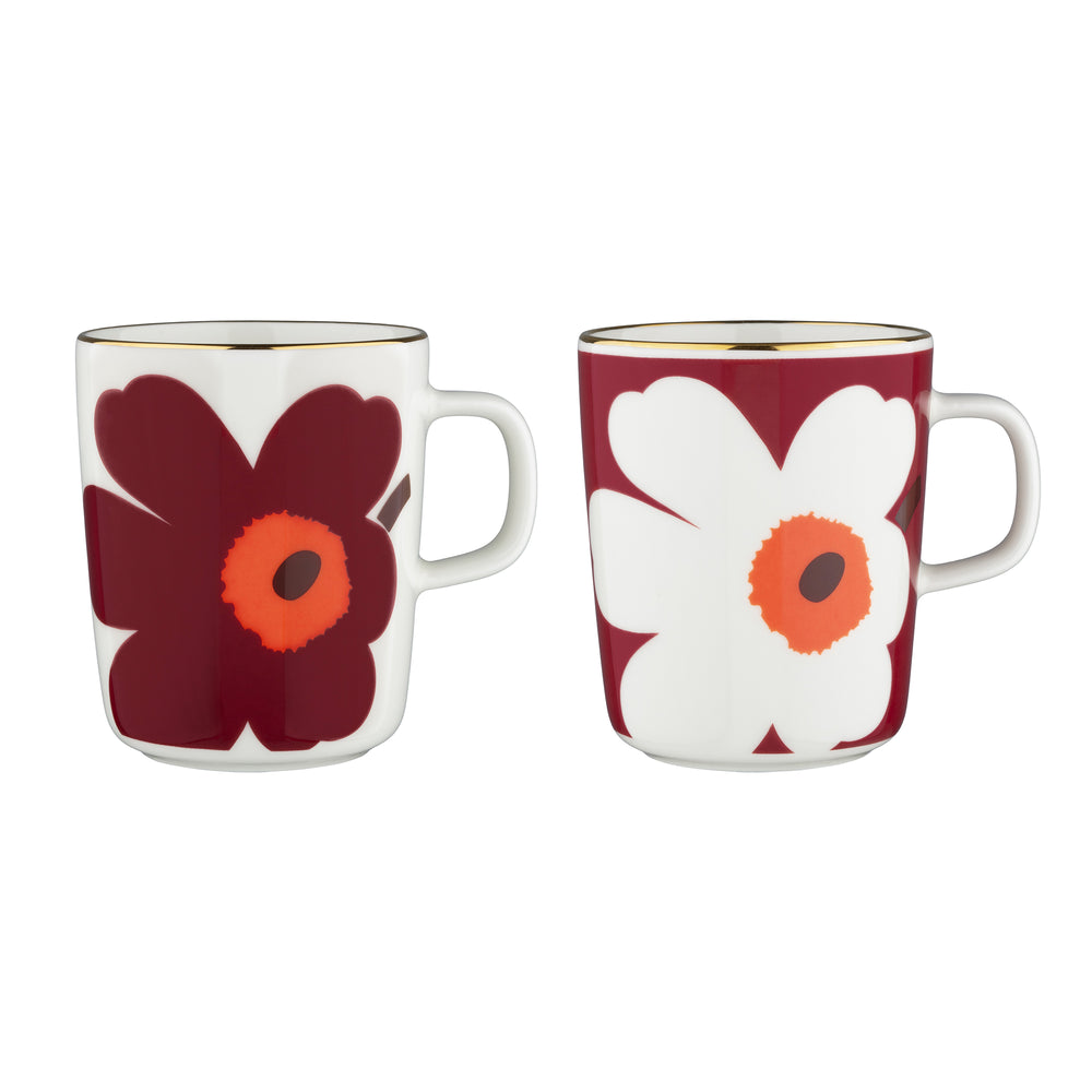 Marimekko - Oiva Juhla Unikko Becher mit Henkel | 2er-Set / weiß/burgundy/gold