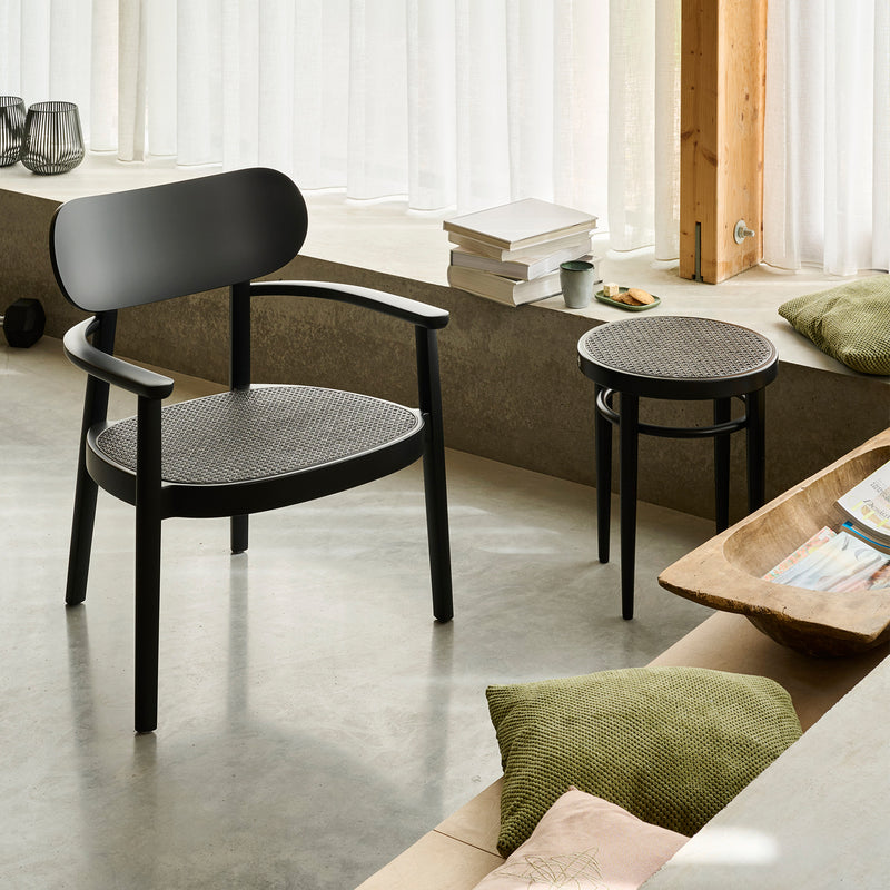 Thonet - 214 RH Hocker | Buche schwarz gebeizt / Rohrgeflecht Dark Melange mit Kunststoffstützgewebe