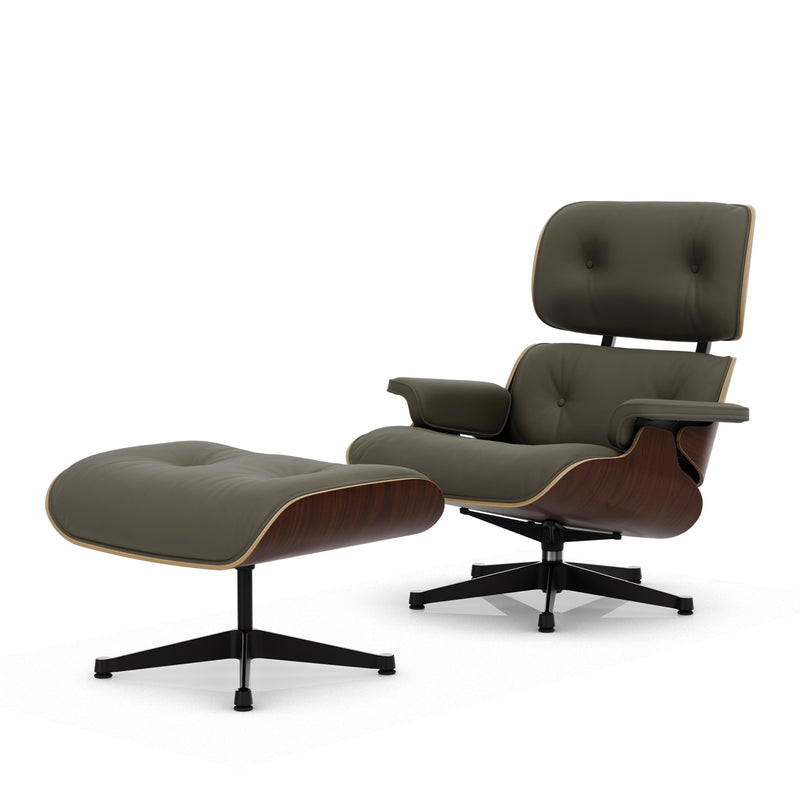 Vitra - Lounge Chair &amp; Ottoman | Leder Premium F 58 khaki / Nussbaum dunkel / poliert / Seiten schwarz